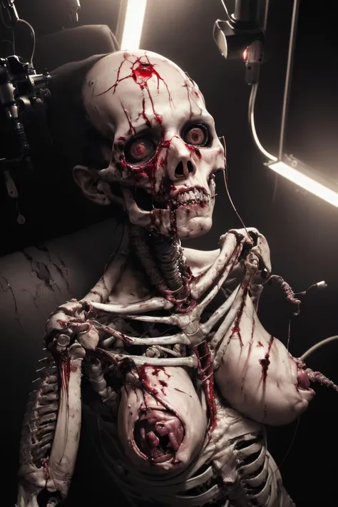 (detailed,realistic,sharp details:1.3),(masterpiece:1.3),(horror:1.5),((wounded, bloody:1.3) ugly woman,torture,exposed bones,horrid expression,blood gushing,lifeless eyes,ill,infected skin, parasitic infection,blood clogs,(amputation:1.4),(subsurface scattering,realistic shadows:1.3),evil laboratory in background,glowing tubes in background,horrid atmosphere,(rim lighting:1.4)