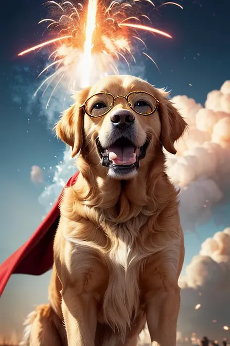 (detailed,realistic,sharp details:1.3),golden retriever wearing a red cape (wearing gold pilot glasses:1.3),intricate fur,flying though the air,super dog, heavenly clouds,action shot,hero dog,explosions in background, fire rising up in background,destruction in background