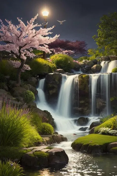 (detailed,(realistic:1.3),sharp details:1.3),(masterpiece:1.3),the most beautiful garden,flowing creak,birds flying around,sakura,epic realism,color explosion,peaceful,tranquility,(night),ultimate beauty,emotional,deep darkness,