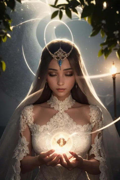 ultra realistic 8k cg, masterpiece, ultra hd, 64k,high sharpness,realistic,(light refraction:0.6),((1girl:1.2),light vortex in hand, casting holy magic,sorceresses, intricate lace dress,intricate details on dress:1.4),(white pigeons flying around:0.6),dust particles floating around reflecting light,heavenly world,magic flowing through air,soft lighting,(blush,skin texture,goosebumps:0.6),subsurface scattering,(fine details,sharp details:1.4),realistic shadows,(background: heavenly trees, yggdrasil,disney)