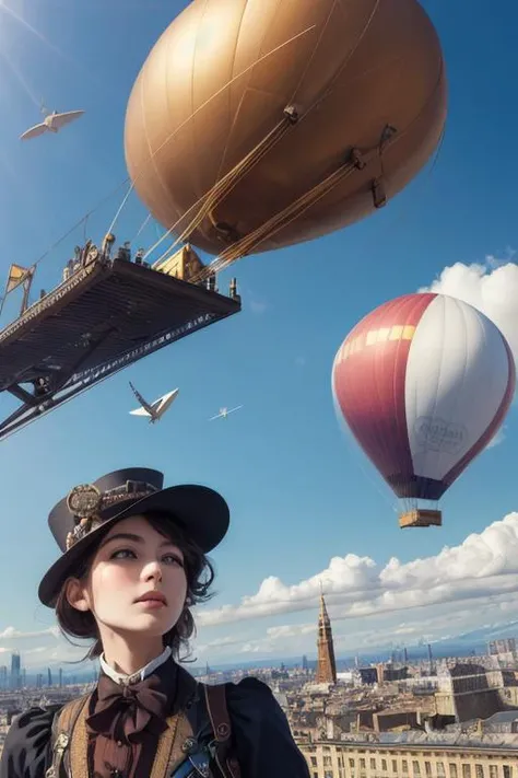 (detailed,sharp details:1.3),(masterpiece:1.3),1girl,1guy,steampunk,steampunk world,steampunk blimps flying,clear blue skies,heavenly clouds