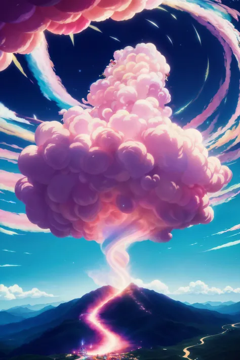 ,(ultra realistic, 8K, 64K, ultra HD, fine details, intricate details, realistic, masterpiece:1.3),(illumination studio:1.2),(central swirling tornado:1.5),(a central pink candyfloss tornado:1.3),({multicolored|bright colors}{lollypops|gummy bears|mints|m&ms} swirling around), ({heavenly|puffy} clouds in {magenta|cyan|blue} skies around tornado),(Fantasy world:1.4),(roller-coaster rail with a cart riding on it), (Studio ghibli style, Art by Hayao Miyazaki:1.2), cinematic sensual, Sharp focus, big depth of field, Masterpiece, concept art, trending on artstation, Vivid colors, Simplified style, trending on ArtStation, trending on CGSociety, Intricate, Vibrant colors, Soft Shading, Simplistic Features, Sharp Angles, Playful