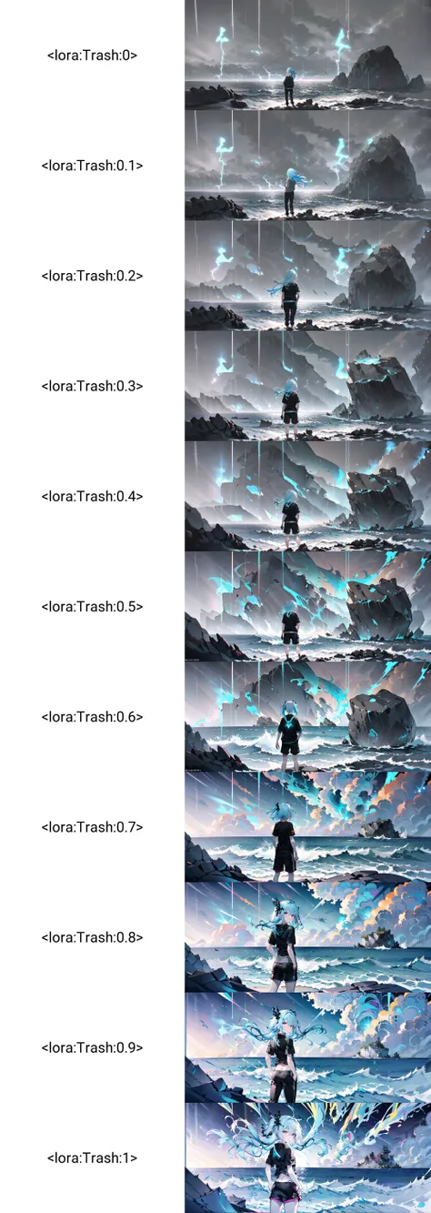 (masterpiece), (best quality), (dark studio:1.2), rim lighting, dimly lit, (drak environment:1.35), (from behind:1.5),(1girl:1.24), (solo:1.26), long hair, (light blue hair:1.35), star shaped ornament, hair ornament, shirt, black shirt, short sleeves, sweaterpants, balck sweaterpants, standing, floating hair, hands in pocket, (standing on rocks),///, I am the storm that is approaching provoking balck clouds isolation,///,
(a huge rock in the middle of screen and this girl standing on it), (in front of the girl is a ocean stretch as far as her eyes can see with high waves), drak sky, black sky, (rainy sky), rain, (many balck coluds completely enveloped the sky and blocked the sun light), (a lighting bolt streaked through the pitch black clouds), (only the girl standing on the bank), (the sea is full of wind and rain, lightning and thunder),
(the girl just standing on the rock and stare at the sea) <lora:Trash:0>