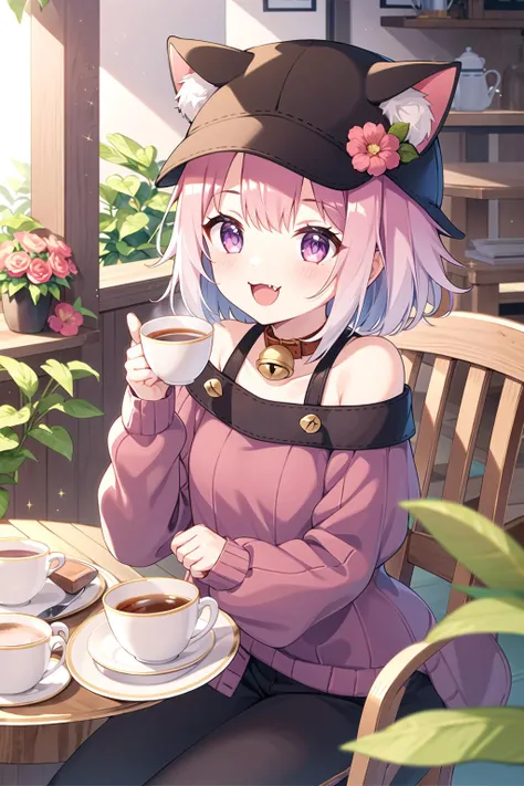 <lora:tamaki-000014:0.8>
1girl, :3, tamaki,work,animal_ears, animal_on_lap, animal_on_shoulder, bell,bow, brown_headwear, cafe, calico, cat_ears, cat_girl, cat_hat, cat_on_head,cat_teaser, chomusuke, clothed_animal, collar, cup, dog, fang, flower, flower_pot, glint, hat, holding_cat, indoors, jingle_bell,  leaning_forward, lens_flare, looking_at_viewer, mouse, mug,  neck_bell, nekomata, off_shoulder, open_mouth, pink_flower, pink_hair, plant, potted_plant, purple_eyes, purple_flower, ribbed_sweater, saucer, smile, sparkle, stuffed_cat, sweater, table, tea, teacup, teapot, vase, whiskers,white_sweater