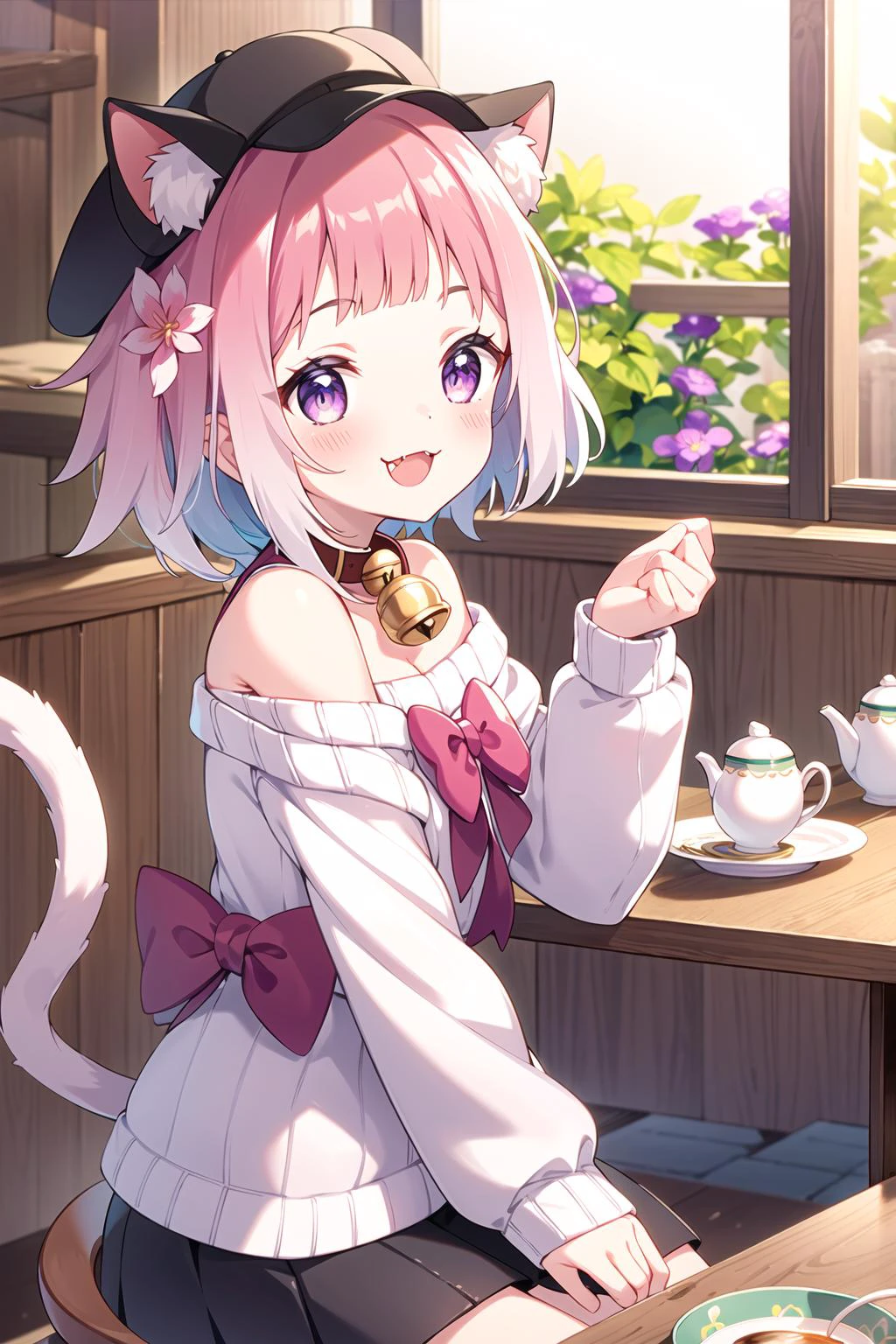 <lora:tamaki-000014:0.8>
1girl, :3, animal, animal_ears, animal_on_lap, animal_on_shoulder, bell, book, bow, brown_headwear, cafe, calico, cat, cat_ears, cat_girl, cat_hat, cat_on_head, cat_teaser, chair, chen, chomusuke, clothed_animal, collar, cup, dog, fang, flower, flower_pot, glint, hat, indoors, jingle_bell, kaenbyou_rin, leaning_forward, lens_flare, looking_at_viewer, maneki-neko, miqo'te, mouse, mug, multiple_tails, neck_bell, nekomata, off_shoulder, open_mouth, pink_flower, pink_hair, plant, potted_plant, purple_eyes, purple_flower, ribbed_sweater, saucer, smile, sparkle, stuffed_cat, sweater, table, tail, tail_bow, tail_ornament, tail_raised, tea, teacup, teapot, two_tails, vase, whiskers, white_cat, white_sweater