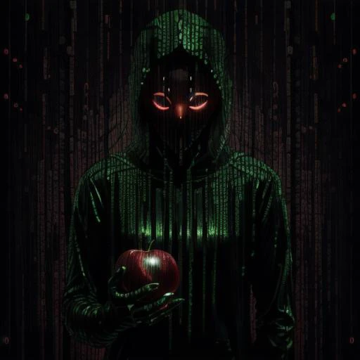 a mysterious latex hooded ghost with green matrixCommandLineStyle smoke aura is holding a shiny red apple, black background, highres,((red apple)), <lora:matrixCommandLineStyle:1>