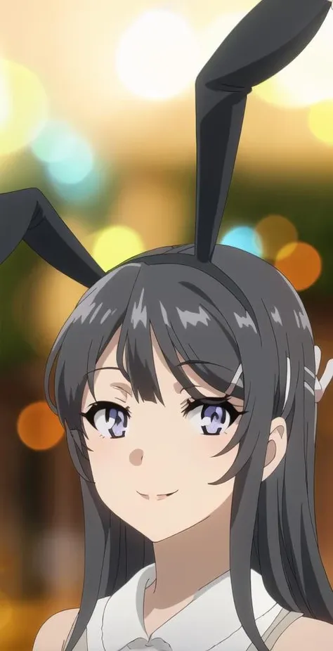 MS, 1girl, solo, portrait, close up, looking at viewer, smile, rabbit ears headband, (((bokeh background))), shine, shadows, perfect quality, good quality, masterpiece, HDR, UHD <lora:Mai Sakurajima:0.8>