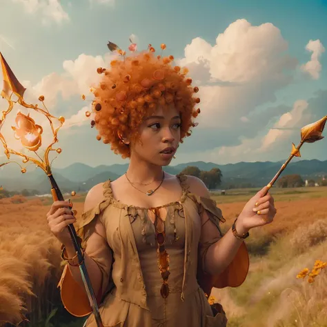 1girl, IceSp1ce in a meadow, orange afro, fairy wings, fairytaleai, ((magic staff)), wizard robe, ((action pose)), casting a spell, masterpiece, dramatic lighting, realistic, <hypernet:IceSp1ce:0.8>, <lora:fairytaleai_v10:0.4>
