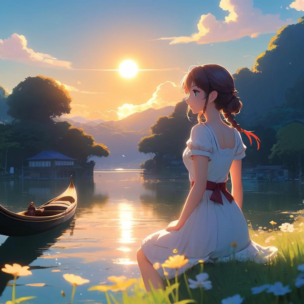 anime artwork <lora:FF.108dynavisionXLAllInOneStylized_release0534bakedvae.LyCORIS:1.88>, (art by Krenz Cushart:0.8) , anime key visual, Methaphysical painting, landscape of a (woman:1.1) and Gondola, it is Magical, Sun in the sky, Anime screencap, Fairy-Tale, Sunlight, Depth of field 100mm, BW . anime style, key visual, vibrant, studio anime, highly detailed