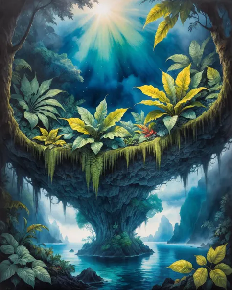 Watercolor painting [ (stylized by Gediminas Pranckevicius:0.9) : André Leblanc:17], Filigree of a foliage, landscape of a Cloudy (Raja Ampat Islands:1.3) from inside of a Russia, masterpiece, Winter, (Charcoal theme:0.7) , Vaporpunk, Accent lighting, F/14, <lora:FF.110bluePencilXL_v080.LyCORIS:1.95> . Vibrant, beautiful, painterly, detailed, textural, artistic