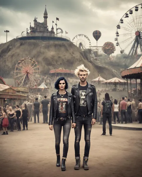 Grunge style stylized by Pieter Hugo and George Biddle, [Fierce|Elite] "DDoS", Gritty Amusement park in background, Frightening, F/14, <lora:FF.110bluePencilXL_v080.LyCORIS:1.95> . Textured, distressed, vintage, edgy, punk rock vibe, dirty, noisy