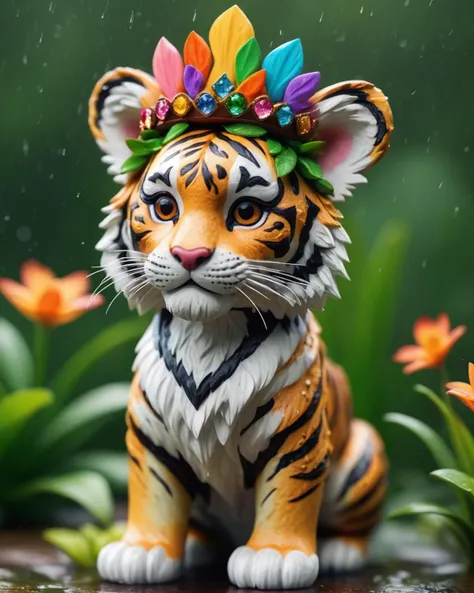 isometric style tiny Foul (Cozy:1.4) Tiger in a (Colorful Crown:1.3) in the fauna, rain, a character portrait, Tilt-shift, bokeh, <lora:FF.113wowXL_v10.LyCORIS:1.95> . vibrant, beautiful, crisp, detailed, ultra detailed, intricate