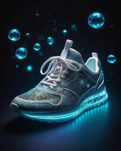 breathtaking (Photo:1.3) of (Ultrarealistic:1.3) <lora:FF.101.juggernautXL_version6Rundiffusion.LORA:1.6> sneakers, bioluminescent, bright luminescence white light, made out of light beams, bubbles, particles, sparkles, glitch,Highly Detailed . award-winning, professional, highly detailed