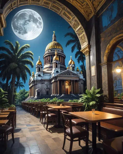 concept art linocut drawing of a landscape of a Unattractive ([Sea:St. Isaac's Cathedral:1]:1.3) from inside of a Cafe, jungle, Moon in the night,  detailed, masterpiece, Frightening, Depth of field 270mm, octane engine, <lora:FF.110bluePencilXL_v080.LyCORIS:1.95> . digital artwork, illustrative, painterly, matte painting, highly detailed