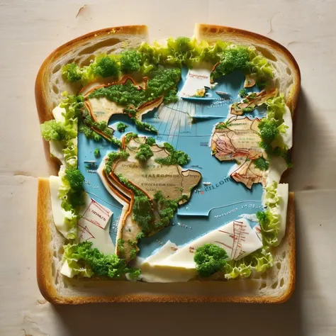 concept art <lora:DalE-3-FFusion-LoRA-ViT-LoCON:1> sandwich with a map of the world on it, amazing food illustration, food art, toast, creative photo manipulation, amazing photorealistic graphics, very detailed illustration, bread, battle toast, incredibly intricate, creative photoshop, made of food, incredibly detailed art, food advertisement, cartography map art, fantasy food, super realistic food picture, hi-res photo,CGSociety,ArtStation . digital artwork, illustrative, painterly, matte painting, highly detailed  . digital artwork, illustrative, painterly, matte painting, highly detailed