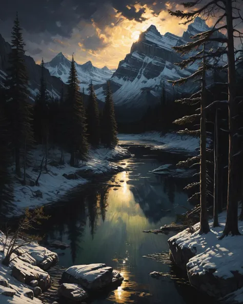 a painting of a river in the middle of a snowy forest