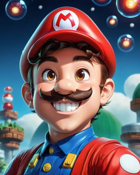 Super Mario style portrait art stylized by Terada Katsuya, Red Dwarf, Energetic, Zoom lens, Cold Colors, <lora:FF.111bbbSDXL_bbbBetaV2.LyCORIS:1.95> . Vibrant, cute, cartoony, fantasy, playful, reminiscent of Super Mario series