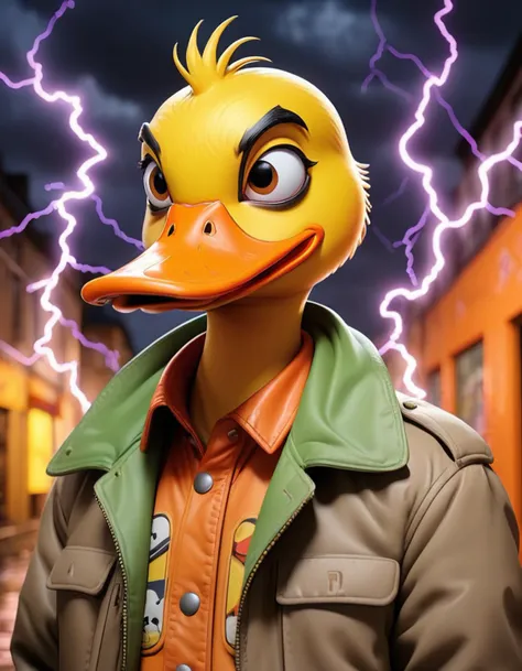 a close up of a person wearing a duck mask in a street