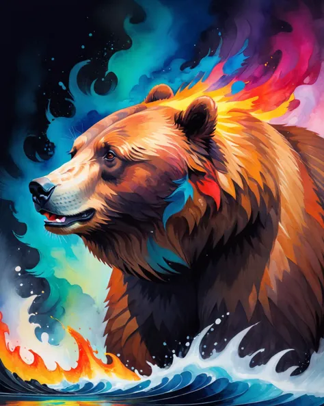 a painting of a bear with a colorful fire on its head