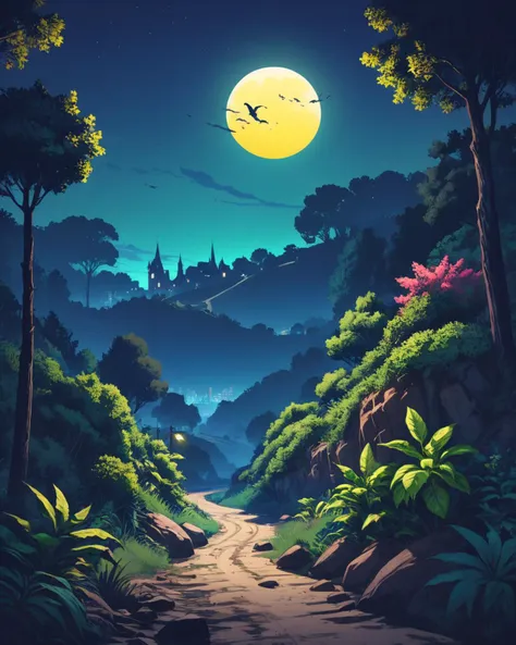 a painting of a path in the woods with a full moon