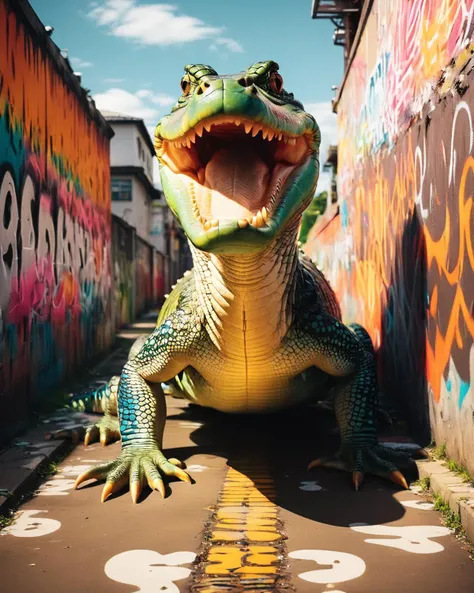 Graffiti style <lora:FF.106.protovisionXLHighFidelity3D_release0630Bakedvae.LyCORIS:1.9>, (designed by Kanzan Shimomura:1.2) , Gopro footage of a Remarkable contrasting colors Crocodile, Ultra Real, F/8, Kodak portra . Street art, vibrant, urban, detailed, tag, mural