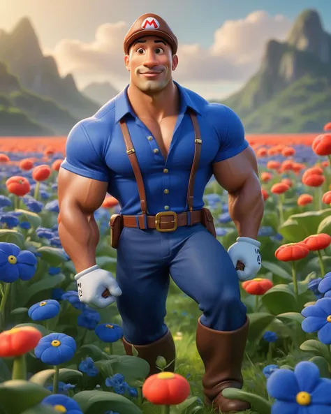 a man in a blue shirt and brown hat standing in a field of flowers