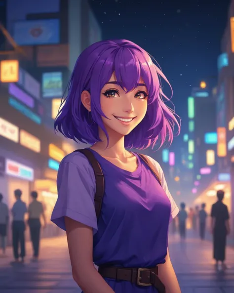 anime artwork <lora:FF.108dynavisionXLAllInOneStylized_release0534bakedvae.LyCORIS:1.28> Pixel Art pixelated pixel pixel , extremely content happy smile , + / A fit purple haired woman in BAGHDAD in summer at midnight . anime style, key visual, vibrant, studio anime, highly detailed