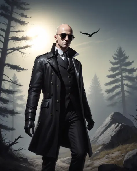 Horror-themed by Wilhelmina Weber Furlong, landscape art, Male Shadow, with skin, his hair is Bald, wedding ring, aviator sunglasses, Sun in the sky, Simple and clean, side light, Dichromatic, <lora:FF.110bluePencilXL_v080.LyCORIS:1.95> . Eerie, unsettling, dark, spooky, suspenseful, grim, highly detailed