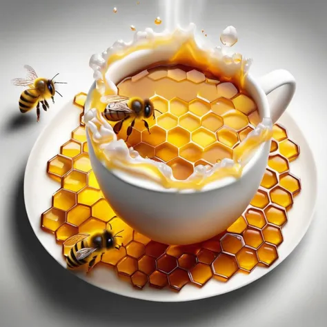 concept art [X]  4K photorealistic image of a coffee cup, but instead of ceramic, it's crafted from crystallized honey. When filled, steam rises in the shape of bees, creating a mesmerizing morning beverage experience. Dreamlike, mysterious, provocative, symbolic, intricate, detailed   <lora:DalE-3-FFusion-LyCORIS:1> . digital artwork, illustrative, painterly, matte painting, highly detailed