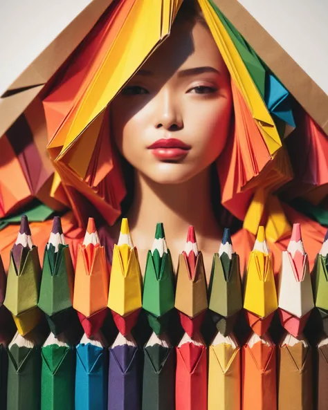 a close up of a woman with a colorful head covering her face