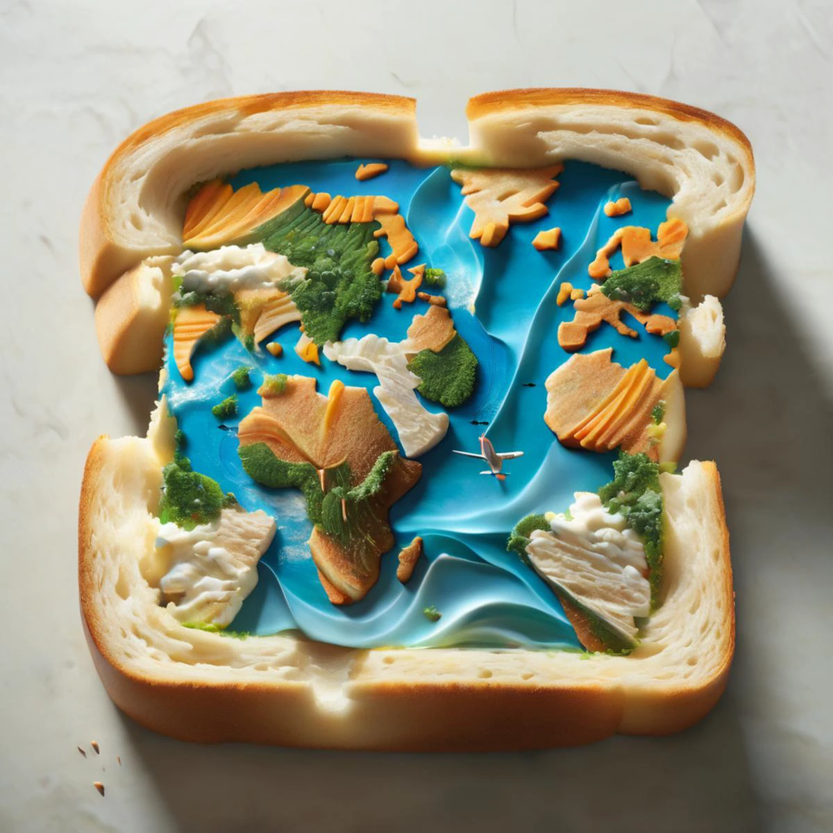concept art <lora:DalE-3-FFusion-LoRA:1> sandwich with a map of the world on it, amazing food illustration, food art, toast, creative photo manipulation, amazing photorealistic graphics, very detailed illustration, bread, battle toast, incredibly intricate, creative photoshop, made of food, incredibly detailed art, food advertisement, cartography map art, fantasy food, super realistic food picture, hi-res photo,CGSociety,ArtStation . digital artwork, illustrative, painterly, matte painting, highly detailed . digital artwork, illustrative, painterly, matte painting, highly detailed