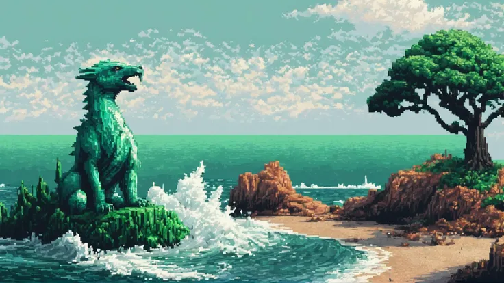 <lora:pixel_art:5> pixel art, digital art, landscape of a Sculptural Thundering fauna and The Emerald Dublin, Sunny, Sea, punk, lens