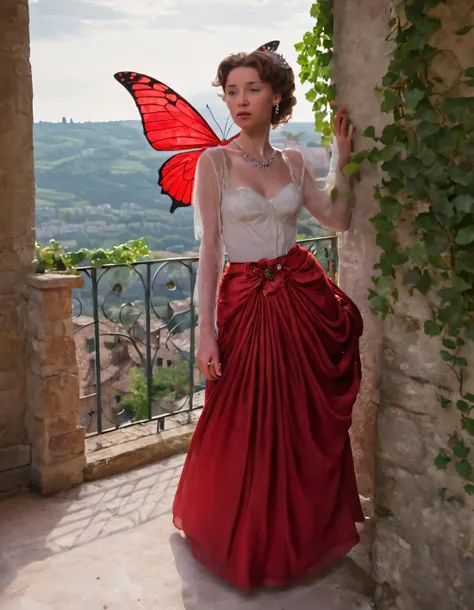 In the heart of an Italian village, bathed in twilight, stands a woman named Josie, her ethereal beauty echoing through time like a haunting melody. She is dressed in an exquisite ensemble that seamlessly blends old-world elegance with modern flair, wearing a vintage brooch shaped like a butterfly with wings made of crystals. A crimson rose clutched in her hand complements the bold, fiery red floor-length skirt that swirls around her like a crimson whirlwind as she stands poised atop a weathered stone balcony overlooking the village below, where ivy-covered walls and narrow, winding streets disappear into the shadows. <lora:xxkmkl18fe0bcaf6fu525:1>