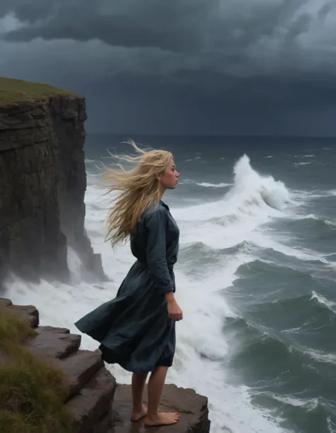 In the midst of a tempestuous storm, a solitary blonde-haired woman named Josie stands on the edge of a cliff, her long hair whipping wildly in the wind as she stares out towards the churning ocean below. Despite being alone in this realistic scene, she exudes an air of fierce determination and quiet sorrow, her eyes locked onto an unseen horizon as if willing the storm to break. With her hands clenched tightly at her sides, Josie stands defiantly against the elements, a testament to the indomitable spirit that lies within each of us. <lora:xxkmkl18fe0bcaf6fu525:1>