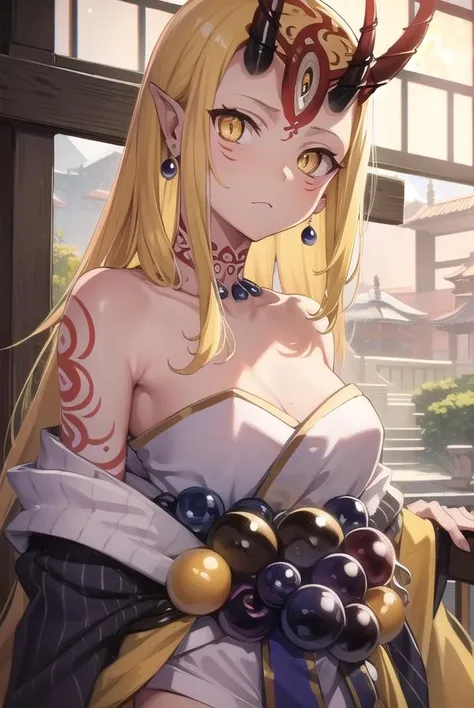 ibarakidouji, <lyco:ibarakidouji-lyco-nochekaiser:1>,
ibaraki douji, blonde hair, facial mark, fang, forehead, horns, long hair, oni, oni horns, pointy ears, (yellow eyes:1.5), (flat chest:1.2),
BREAK earrings, japanese clothes, jewelry, kimono, leg tattoo, neck tattoo, oni, oni horns, shoulder tattoo, tattoo, yellow kimono,
BREAK looking at viewer,
BREAK outdoors,
BREAK <lyco:GoodHands-beta2:1>, (masterpiece:1.2), best quality, high resolution, unity 8k wallpaper, (illustration:0.8), (beautiful detailed eyes:1.6), extremely detailed face, perfect lighting, extremely detailed CG, (perfect hands, perfect anatomy),