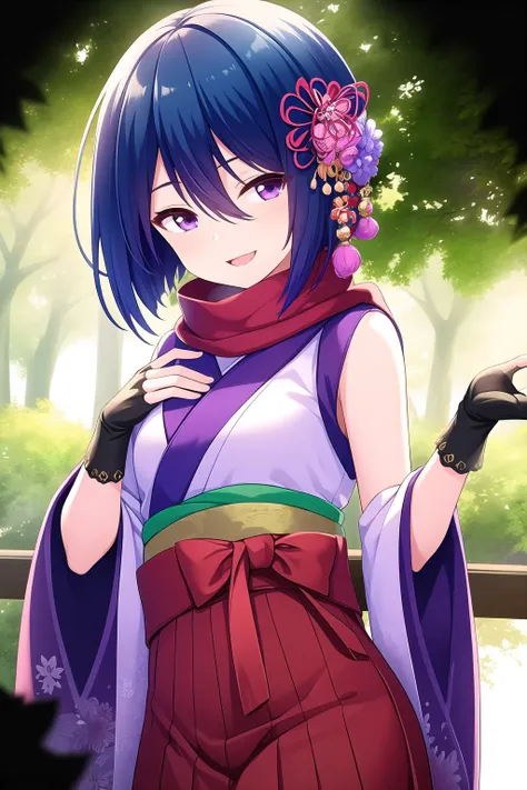 (masterpiece, best quality), highly detailed background, perfect lightingbest quality, hibaraeiko, solo, outdoors, nature, ninja, blue hair, shuriken hair ornament, hair between eyes, short hair, purple eyes, small breasts, red scarf, purple kimono, short kimono, sleeveless kimono, white gloves, elbow gloves, fingerless gloves, hakama skirt, japanese clothes, smile, open mouth, :d, pink lips, <lora:Hibara-Eiko:0.7>