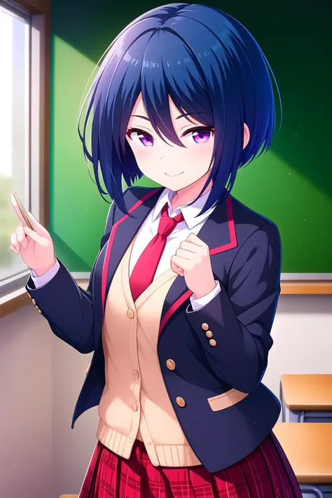 (masterpiece, best quality), highly detailed background, perfect lightingbest quality, hibaraeiko, solo, indoors, classroom, blue hair, hair between eyes, short hair, purple eyes, small breasts, blue jacket, blazer, red necktie, white shirt, red skirt, plaid skirt, school uniform, smile, closed mouth, :), pink lips, <lora:Hibara-Eiko:0.7>