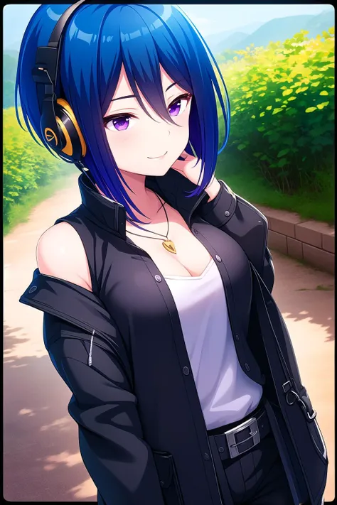 (masterpiece, best quality), highly detailed background, perfect lightingbest quality, hibaraeiko, solo, outdoors, nature, blue hair, headphones, hair between eyes, short hair, purple eyes, necklace, jewelry, medium breasts, black jacket, open jacket, sleeveless, cleavage, black gloves, belt, black pants, smile, closed mouth, :), pink lips, <lora:Hibara-Eiko:0.7>