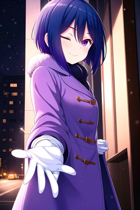 (masterpiece, best quality), highly detailed background, perfect lightingbest quality, hibaraeiko, solo, outdoors, city, winter, blue hair, hair between eyes, short hair, one eye closed, purple eyes, small breasts, purple coat, white gloves, winter clothes, smile, closed mouth, ;), pink lips, <lora:Hibara-Eiko:0.7>