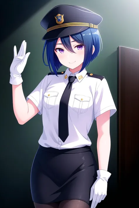 (masterpiece, best quality), highly detailed background, perfect lightingbest quality, hibaraeiko, solo, outdoors, policewoman, police hat, black headwear, blue hair, hair between eyes, short hair, purple eyes, small breasts, white shirt, black necktie, short sleeves, white gloves, black skirt, miniskirt, pencil skirt, black pantyhose, police uniform, smile, closed mouth, :), pink lips, <lora:Hibara-Eiko:0.7>