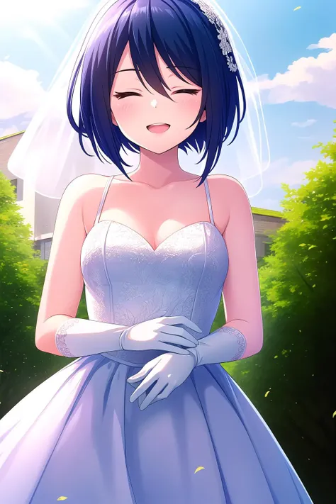 (masterpiece, best quality), highly detailed background, perfect lightingbest quality, hibaraeiko, solo, outdoors, bridal veil, blue hair, hair between eyes, short hair, closed eyes, medium breasts, wedding dress, white dress, white gloves, frilled skirt, smile, open mouth, ^o^, pink lips, <lora:Hibara-Eiko:0.7>