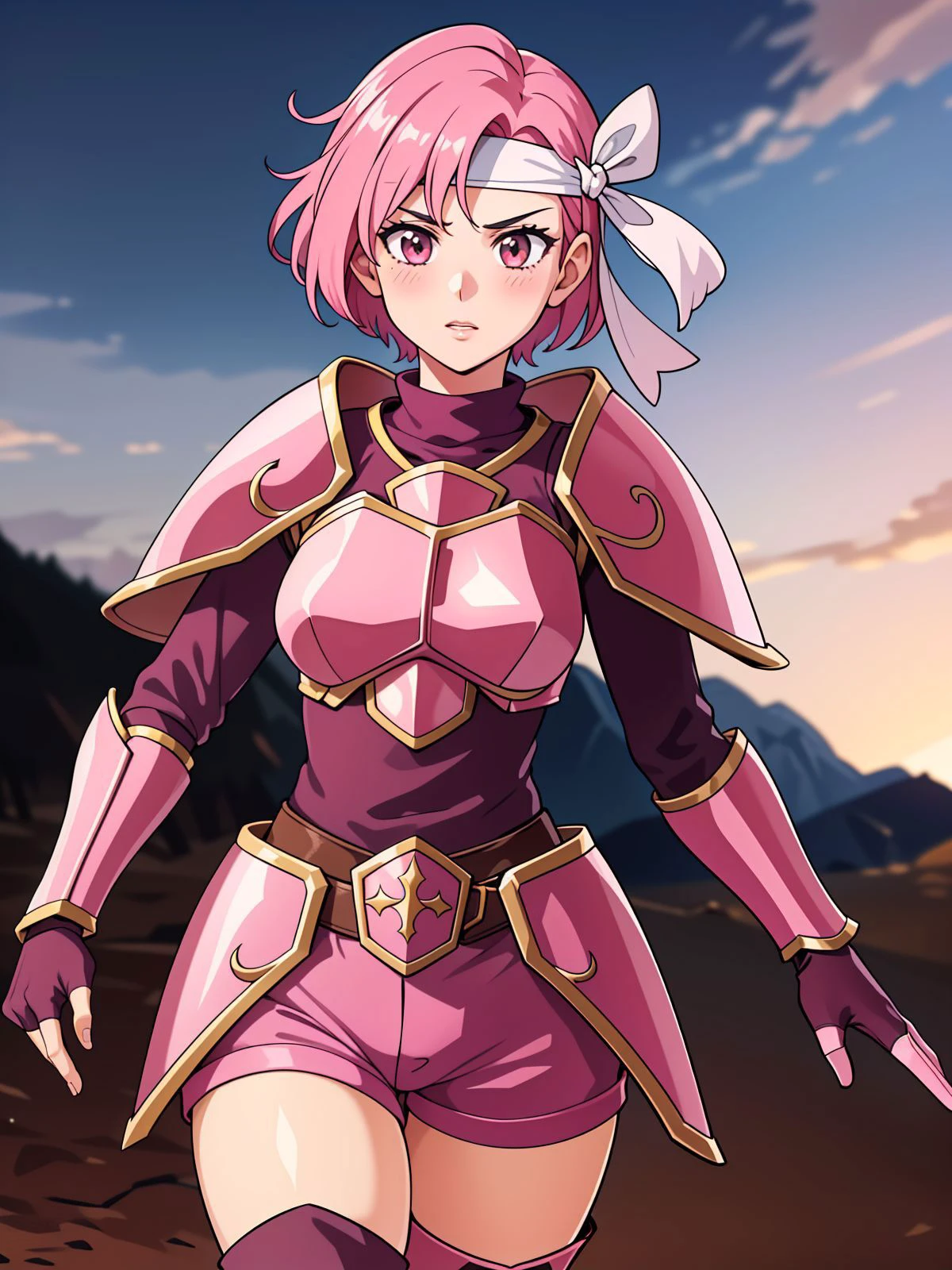 1girl,solo,standing,cowboy shot,<lora:cecilV3:0.8>,cecil,armor,white headband,armored boots,shoulder armor,fingerless gloves,pauldrons,gauntlets,breastplate,knee boots,greaves,faulds,dark pink hair,pink shorts,thighs,