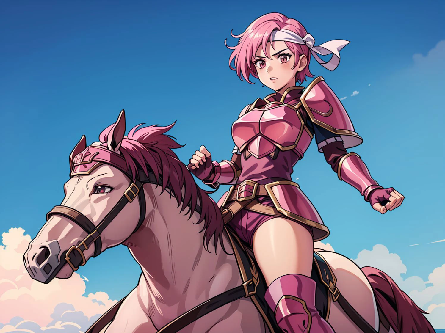 1girl,solo,ride on horse,<lora:cecilV3:0.8>,cecil,armor,white headband,armored boots,shoulder armor,fingerless gloves,pauldrons,gauntlets,breastplate,knee boots,greaves,faulds,dark pink hair,pink shorts,thighs,