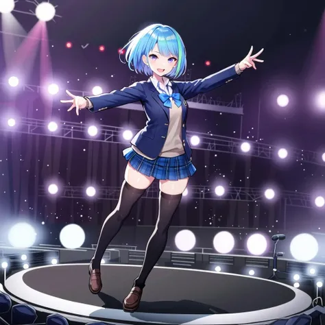 masterpiece, best quality, (1girl, solo),
masterpiece, best quality, (1girl, solo),
inside mk3, 1girl, solo, streaked hair, thighhighs, skirt, jacket, purple eyes, shirt, plaid, brown footwear, plaid skirt, multicolored hair, virtual youtuber, open jacket, shoes, bow, blazer, blue hair, smile, white shirt, open clothes, open mouth, black thighhighs, blue skirt, collared shirt, bangs, school uniform, pleated skirt, outstretched arms, loafers, looking at viewer, long sleeves, blue bow, blue jacket, short hair, :d, zettai ryouiki, bowtie, blush, miniskirt, legs apart
<lora:Inside-chan-Mk3:0.65>
(((((  stage, full body,  dynamic pose, looking at viewer, singing, holding microphone, )))))