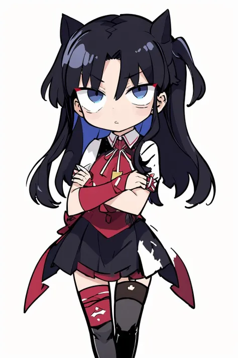 masterpiece, best quality, official art, ultra detailed, chibi, white background, 1girl, tohsaka rin, solo, long hair, thighhighs, skirt, blue eyes, black thighhighs, black hair, <lora:QB_5:1:TEST>, <lora:rin:1>