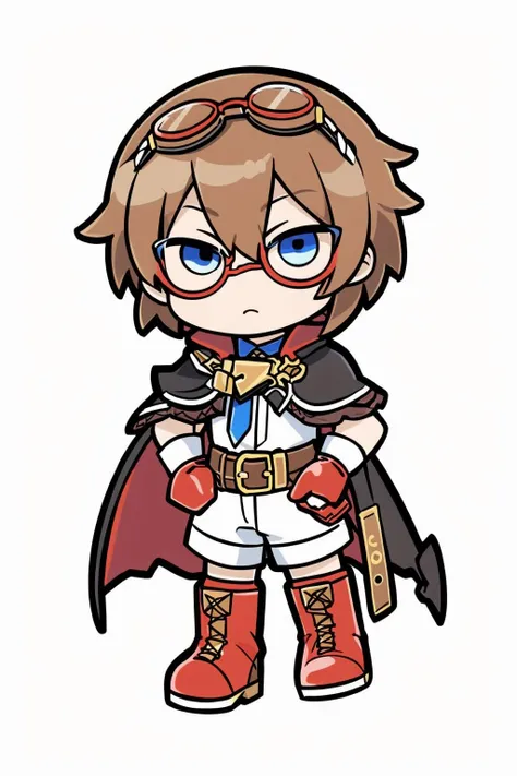 masterpiece, best quality, official art, ultra detailed, chibi, 1boy, child, gloves, solo, goggles, red footwear, brown hair, blue eyes, red gloves, cape, belt, red cape, fingerless gloves, boots, closed mouth, full body, short hair, standing, bodysuit, <lora:QB_5:1>
