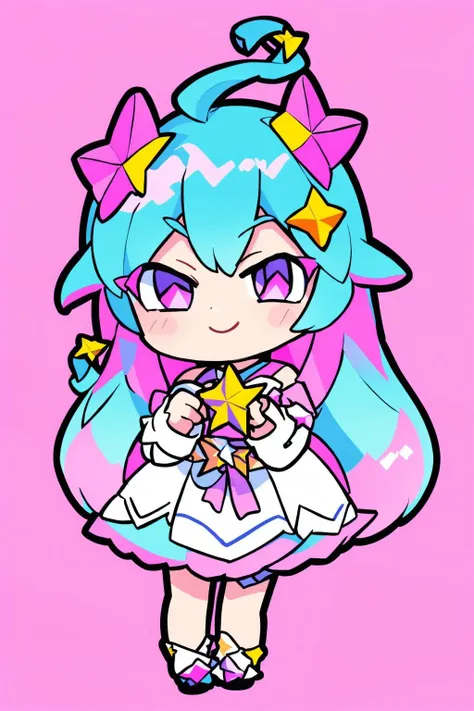masterpiece, best quality, official art, ultra detailed, chibi, 1girl, child, pink hair, multicolored hair, long hair, solo, dress, star hair ornament, horns, blue hair, star \, (symbol\), bangs, gradient hair, artist name, gradient, smile, closed mouth, full body, pink background, gradient background, <lora:QB_5:1>
