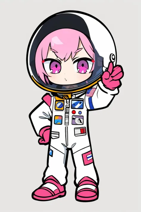 masterpiece, best quality, official art, ultra detailed, chibi, 1girl, solo, astronaut, spacesuit, helmet, space helmet, full body, gloves, standing, pink hair, <lora:QB_5:1>