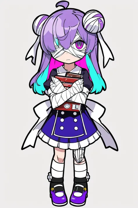 masterpiece, best quality, official art, ultra detailed, chibi, 1girl, solo, bandages, bandage over one eye, full body, dress, purple eyes, purple footwear, hair bun, purple hair, standing, white background, shoes, simple background, double bun, purple dress, mary janes, looking at viewer, bangs, holding, bandaged head, short sleeves, socks, crossed arms, long hair, blue hair, @ @, multicolored hair, bandaged arm, object hug, closed mouth, holding book, book, frills, <lora:QB_5:1:TEST>