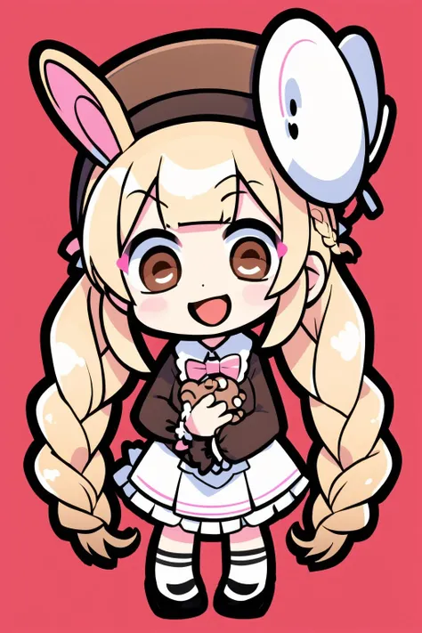 masterpiece, best quality, official art, ultra detailed, chibi, 1girl, child, hat, pink bow, bow, smile, open mouth, blonde hair, long hair, braid, solo, long sleeves, stuffed bunny, stuffed toy, white headwear, skirt, stuffed animal, twin braids, rabbit, animal ears, socks, bangs, full body, standing, brown eyes, pink bowtie, puffy long sleeves, hair bow, rabbit ears, beret, puffy sleeves, <lora:QB_5:1>